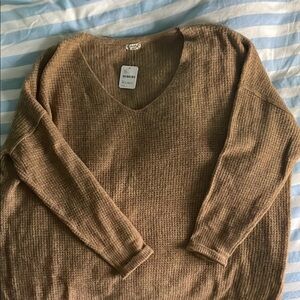 NWT Free People Oversized Brown V-Neck Waffle Sweater